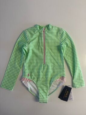 NWT Polo Ralph Lauren Girls Gingham Ruffled One-Piece Rash Guard Size 4
